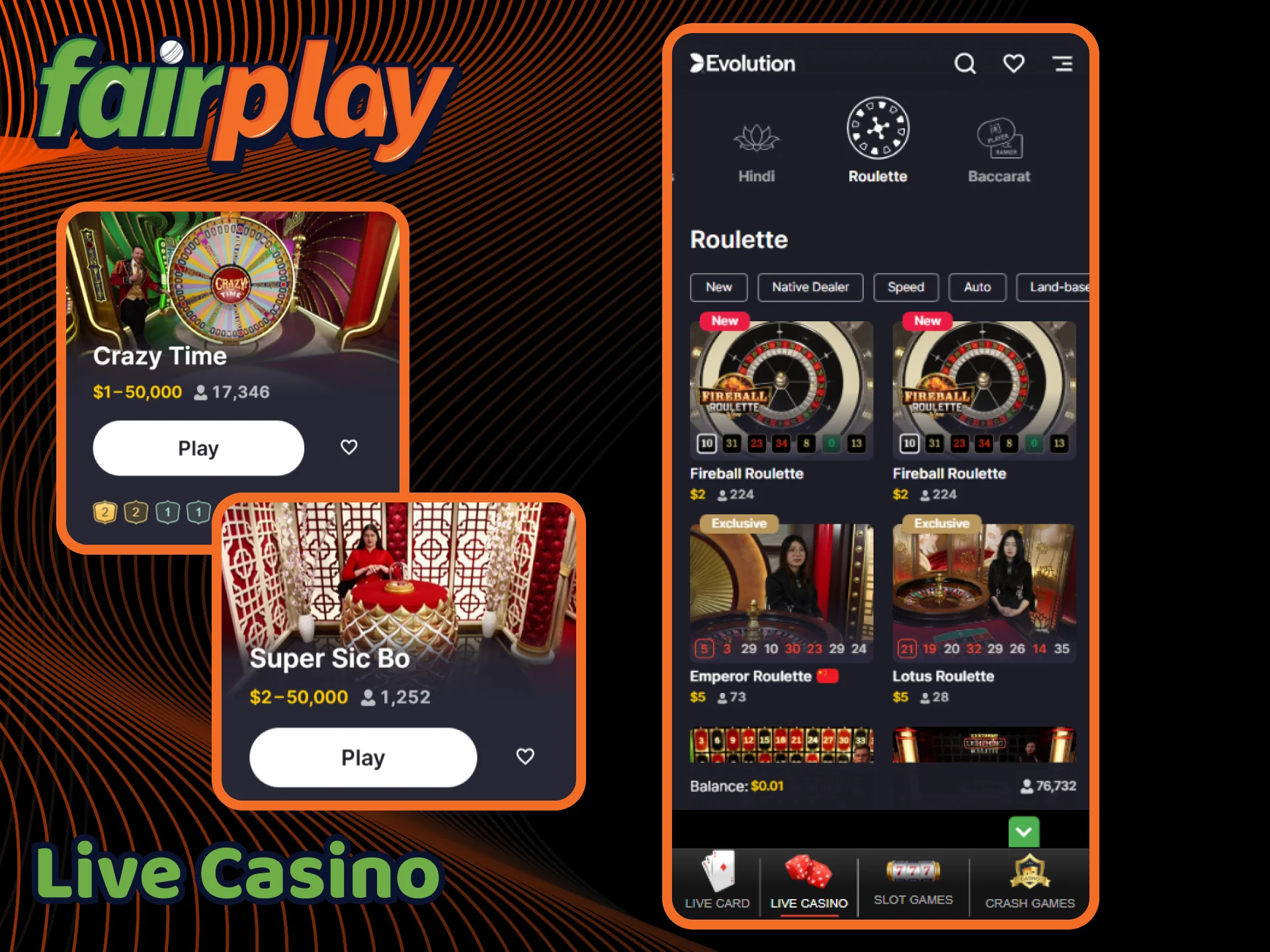 Explore the live casino section on the FairPlay app.