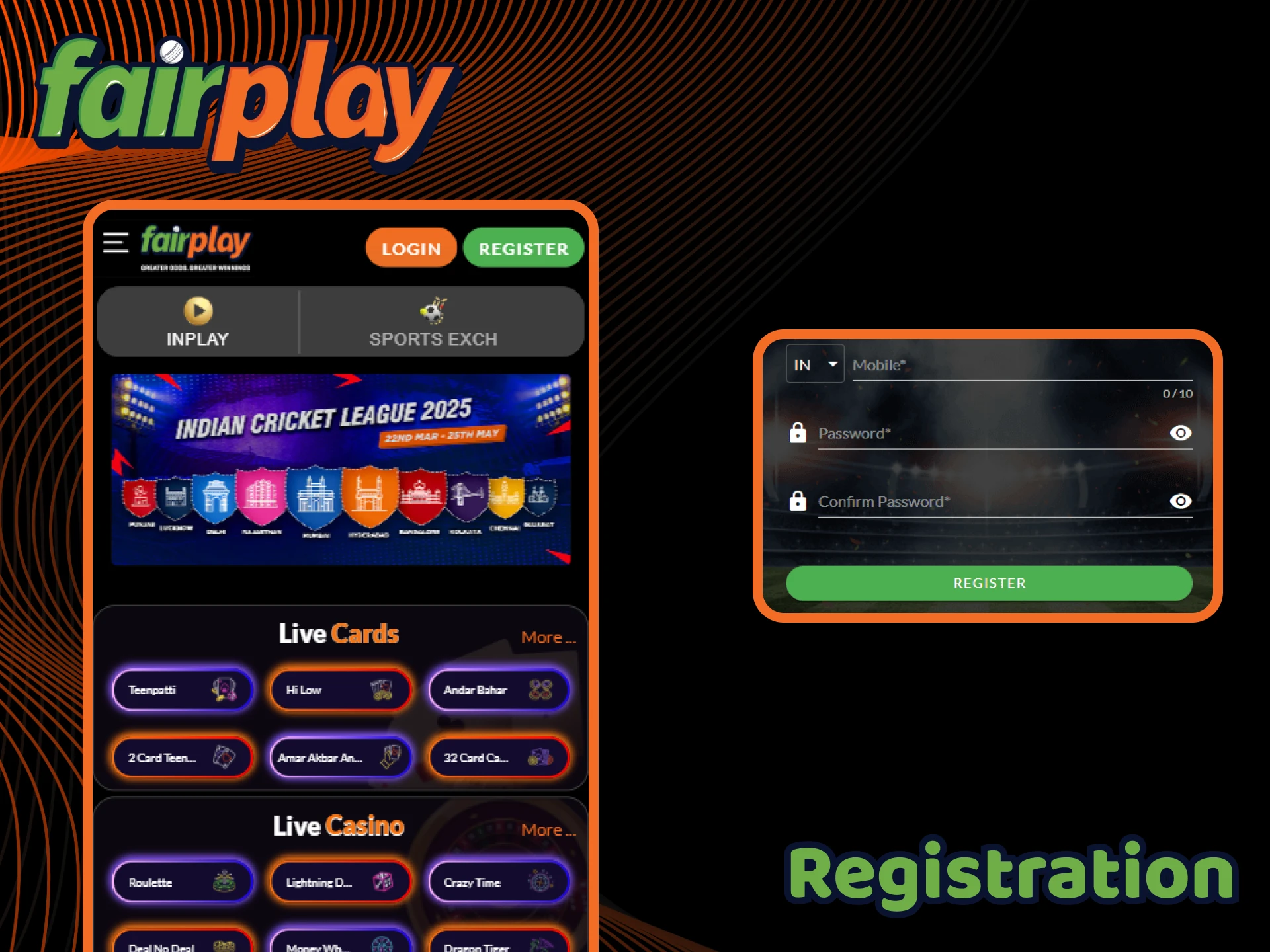 Register on the FairPlay app and start playing casino games or betting on sports.
