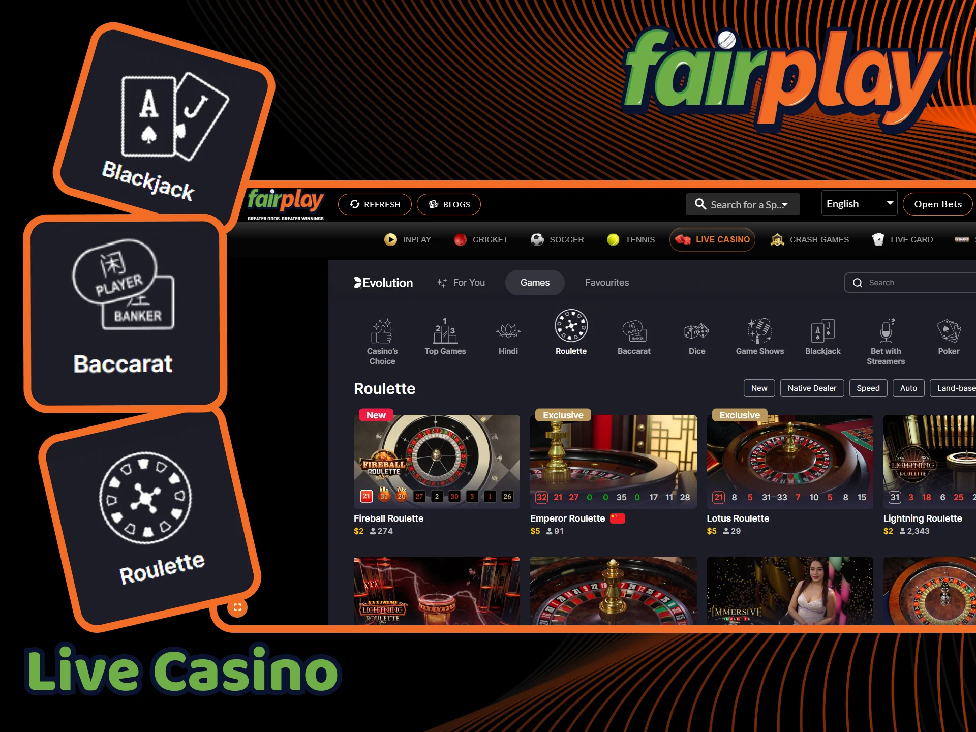 Roulette, blackjack, baccarat and other games are available at FairPlay's live casino.