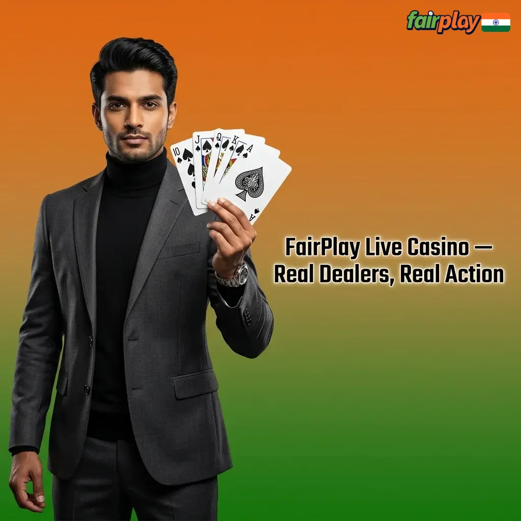 Live casino dealer at FairPlay streaming in HD, with chat and betting options on phone or desktop for all stake levels.