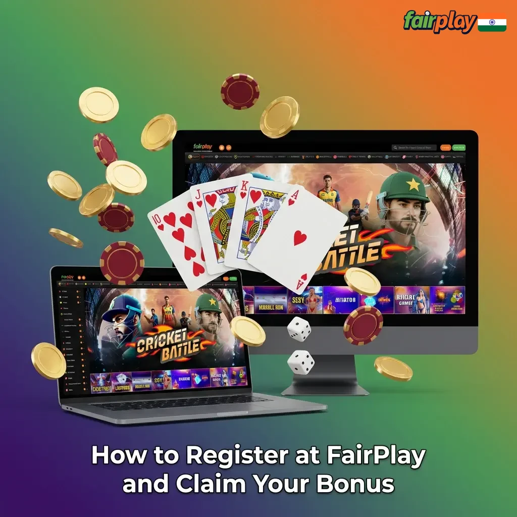 FairPlay registration steps showing sign-up form, deposit options, and betting lobby for new Indian users